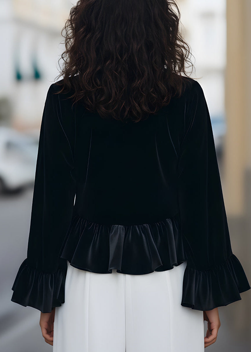 Ceylan Women’s Velvet Ruffle Blouse with Flared Flounce Sleeves