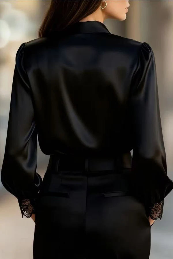 Women’s Satin Button Down Shirt with V-Neck Patchwork Lace and Elegant Puff Sleeves
