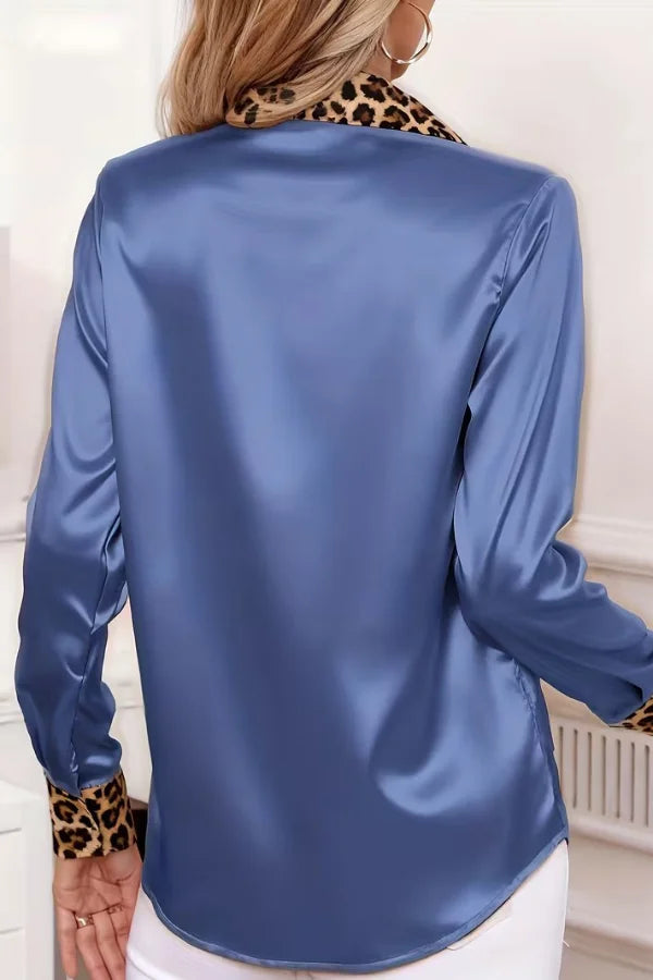 Women’s Button Down Shirt with Leopard Print Patchwork and Satin Finis