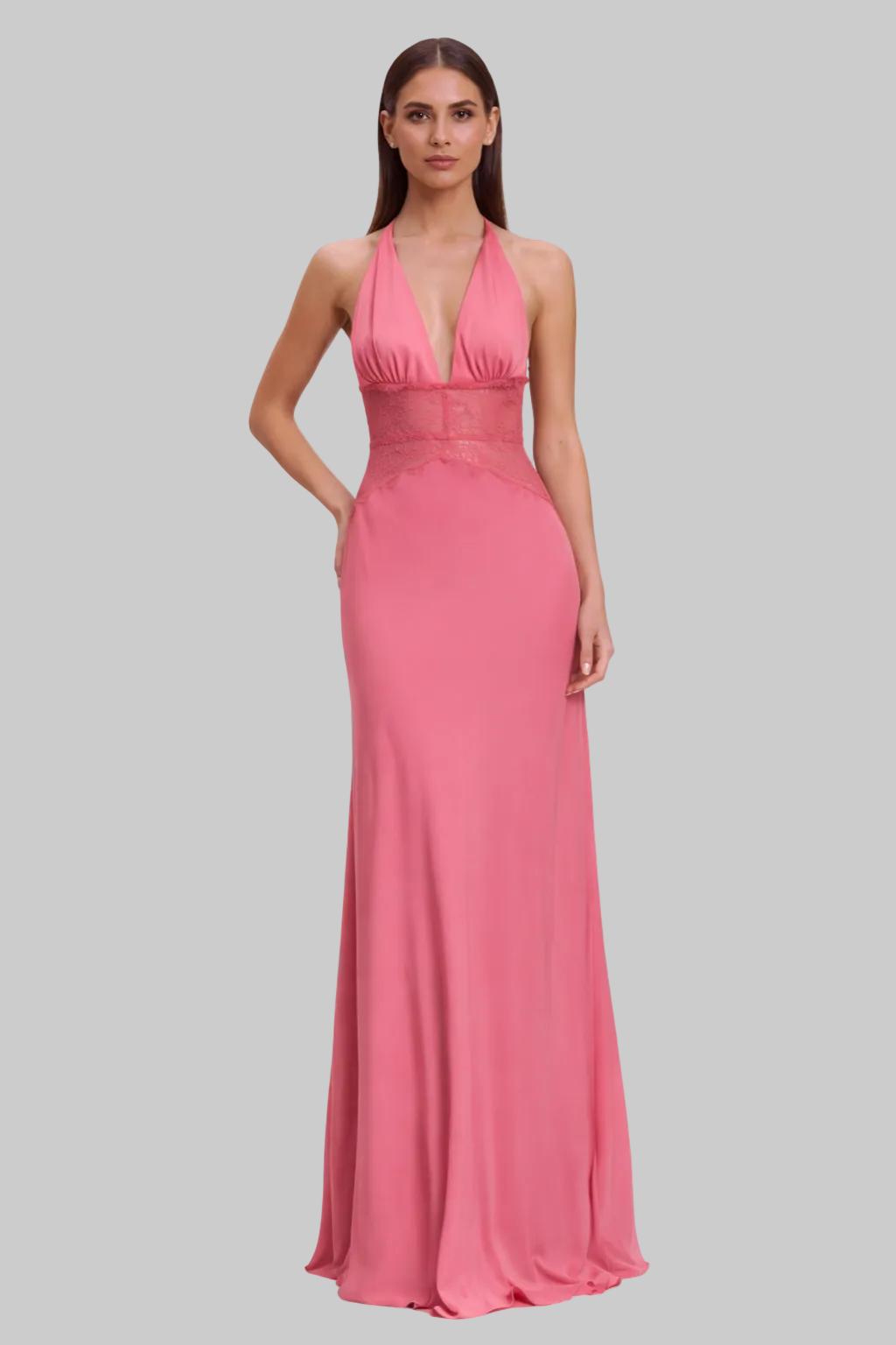Women’s Maxi Dress with Plunging Halter Neckline and Sheer Lace Midriff
