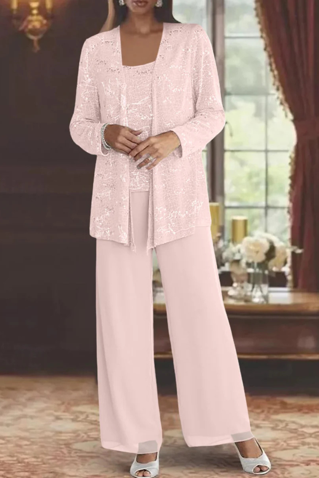 Women’s Three-Piece Pantsuit with Sequin Lace Jacket and Wide-Leg Trousers