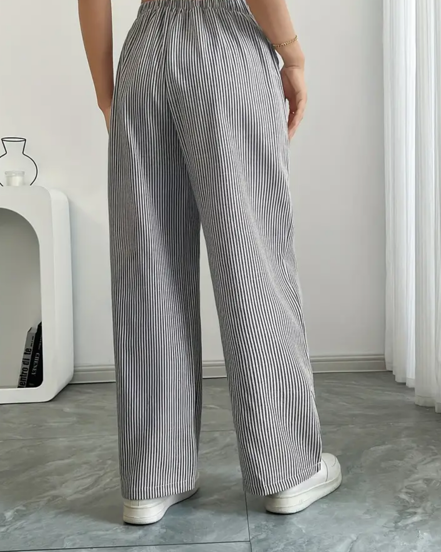 Women’s Linen Striped Pants with Drawstring Waist and Pockets