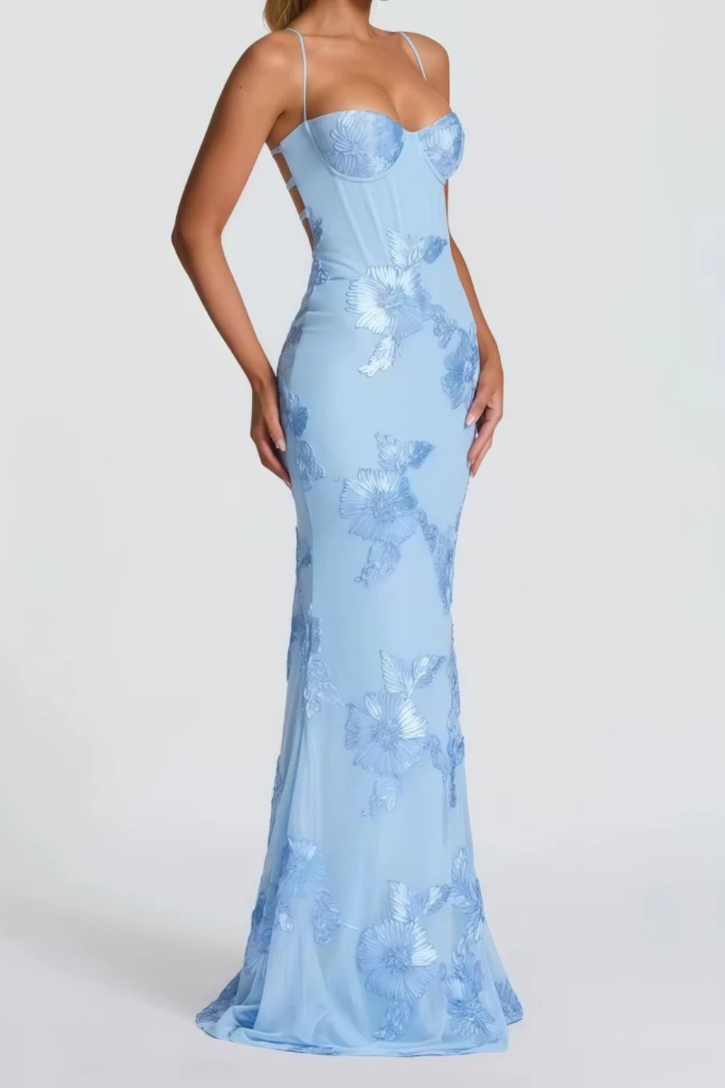 Women’s Maxi Dress with Underwire Corset Bodice and Satin Floral Embroidery
