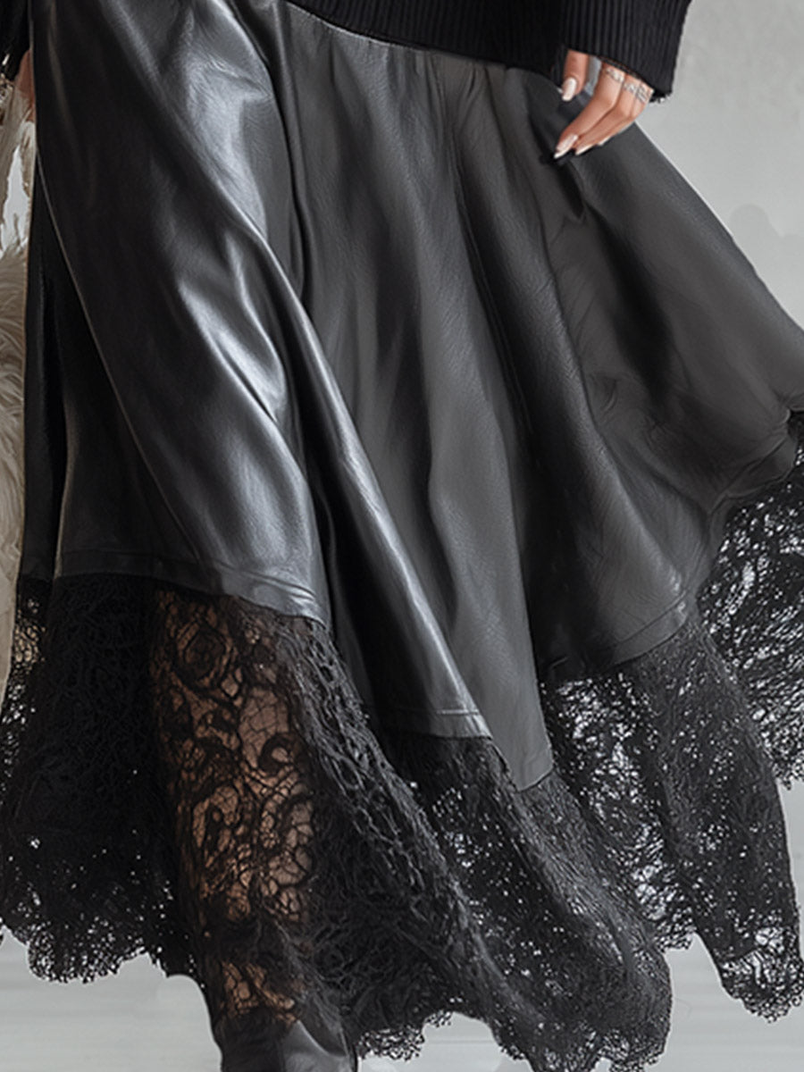 Elegant Urban Style Lace-Hem Black Knit & PU Patchwork Maxi Dress