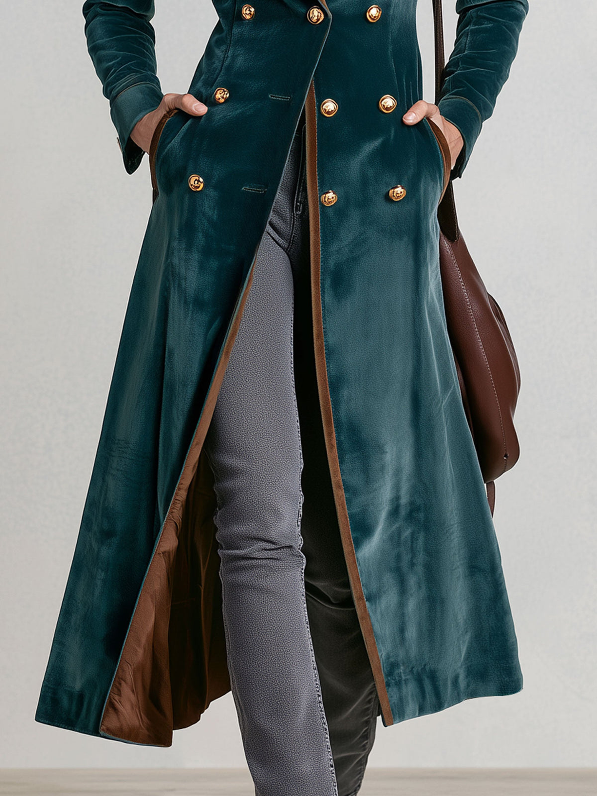 Casual Retro Metal Buckle Color-blocked Lake Blue Velvet Long Coat