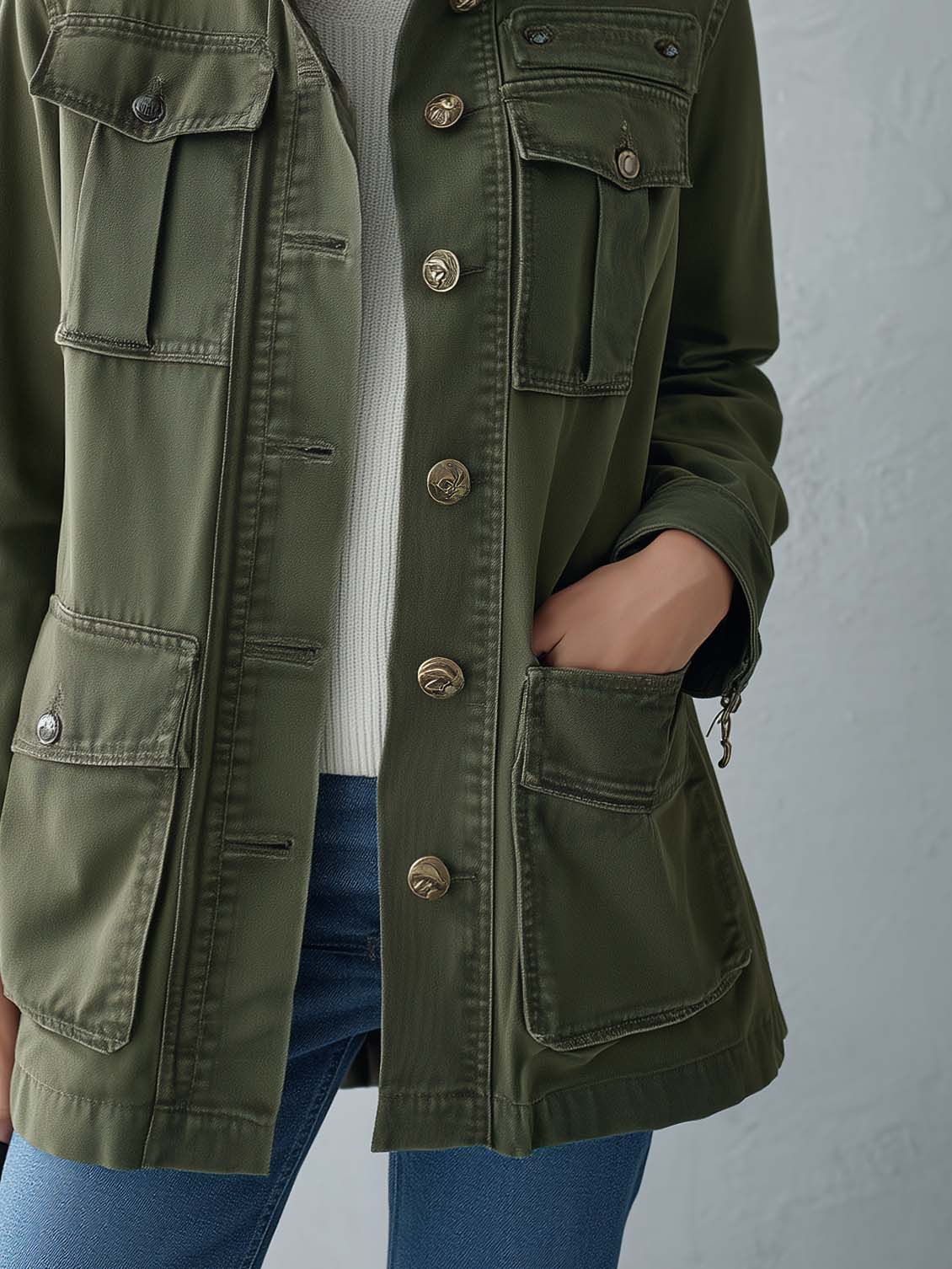 Vintage Military Women's Olive Green Utility Jacket Gold Button Field Anorak