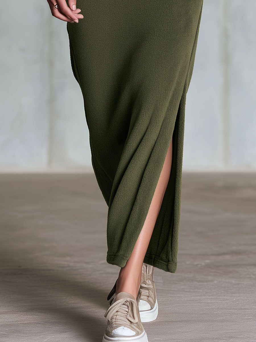 Retro Casual Olive Green Half-Zip Stand-Collar Fleece Slit Maxi Dress