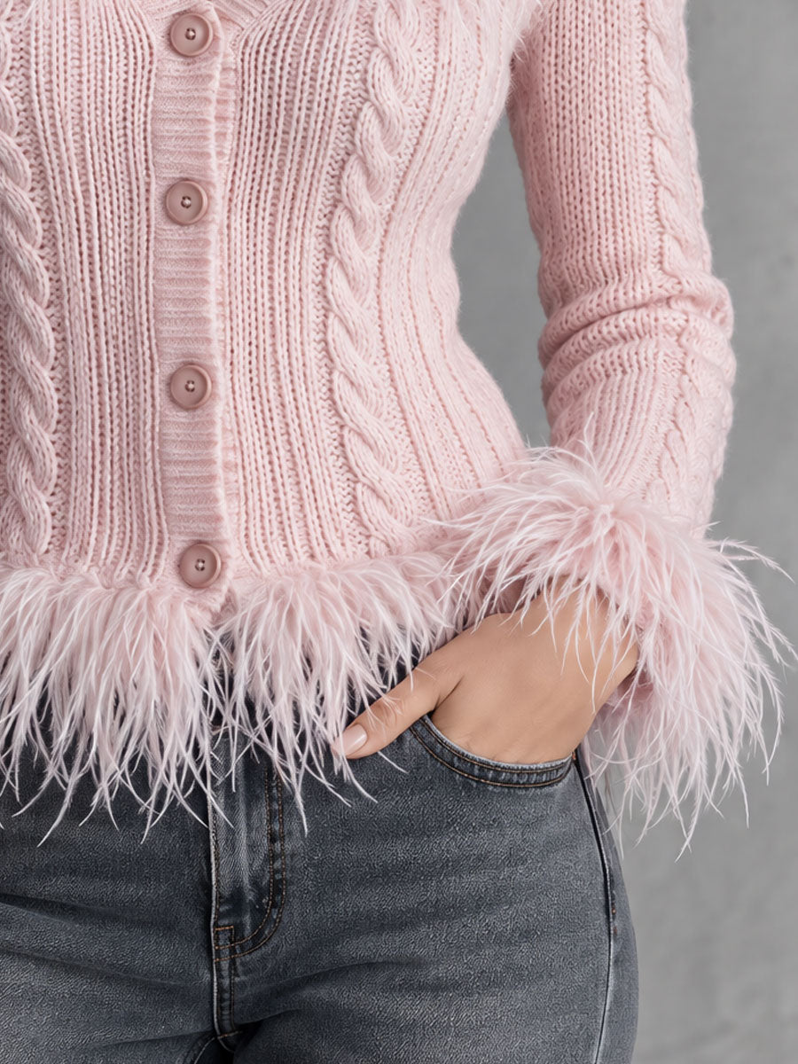 Retro Elegant Pink Feather-Trim V-Neck Cable Knit Button-Front Cardigan