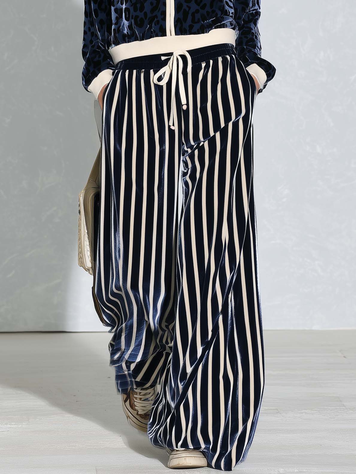 Retro Sporty Women's Navy Leopard Velvet Zip Jacket Striped Wide Leg Pants Set