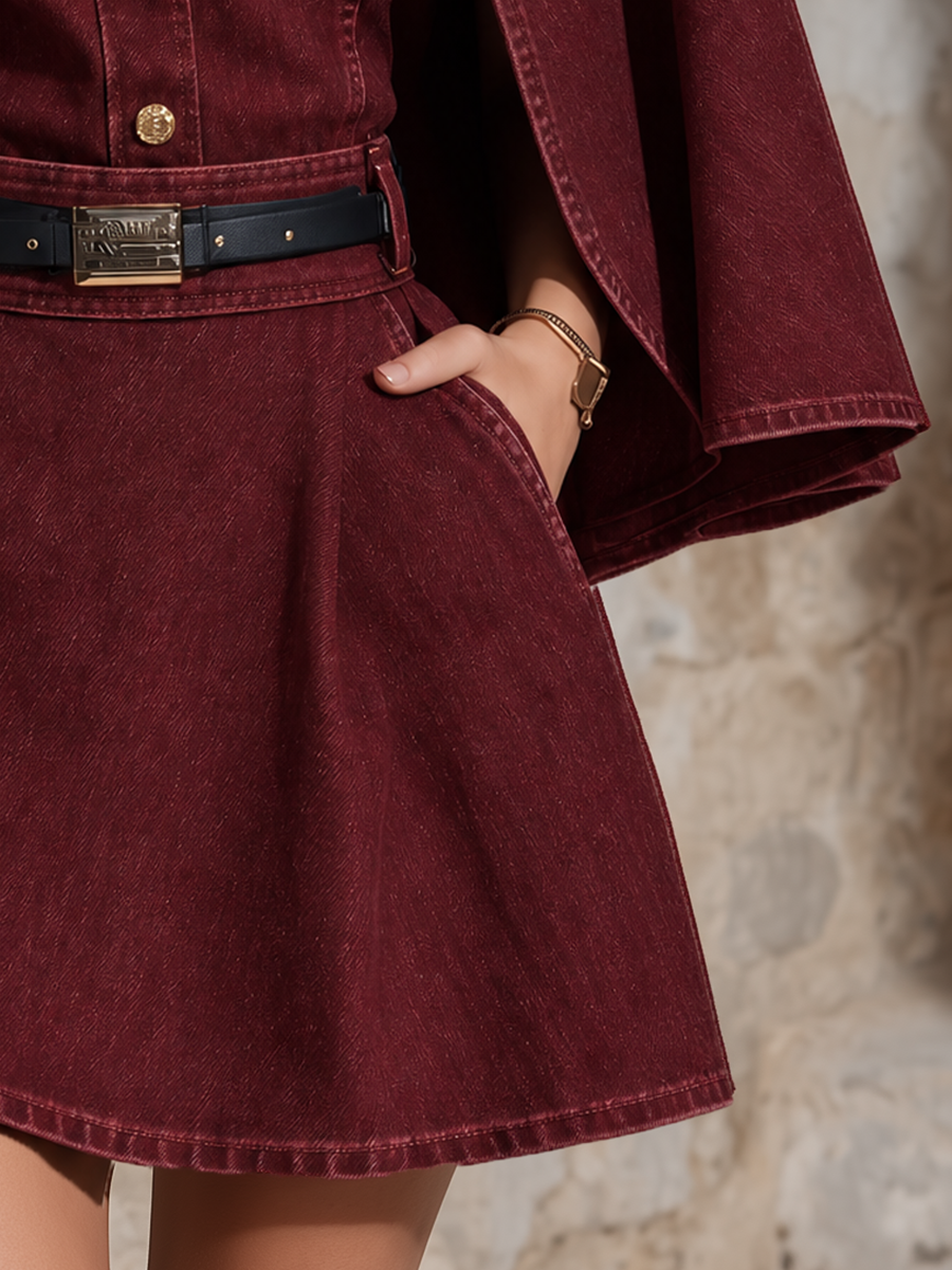 Burgundy Military Cape Coat Belted Double Breasted Mini Dress