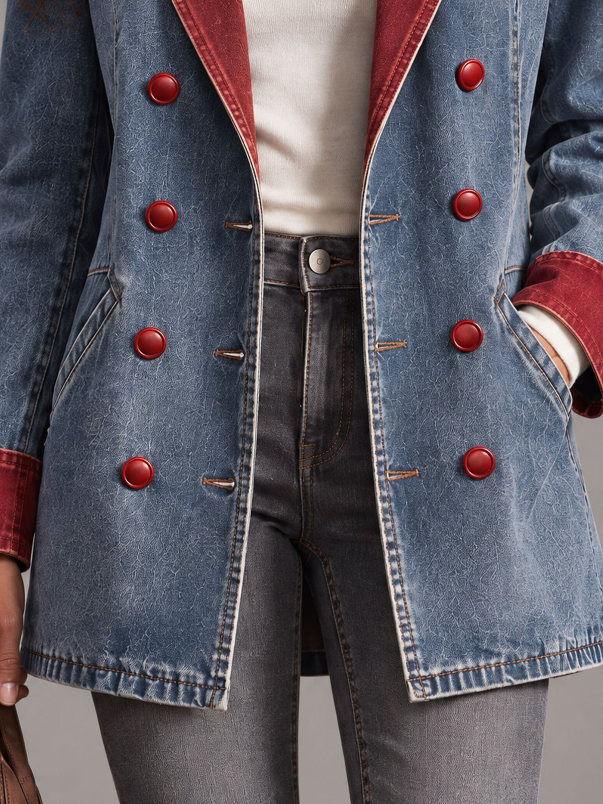 Women's Retro Red and Blue Double-Breasted Denim Blazer