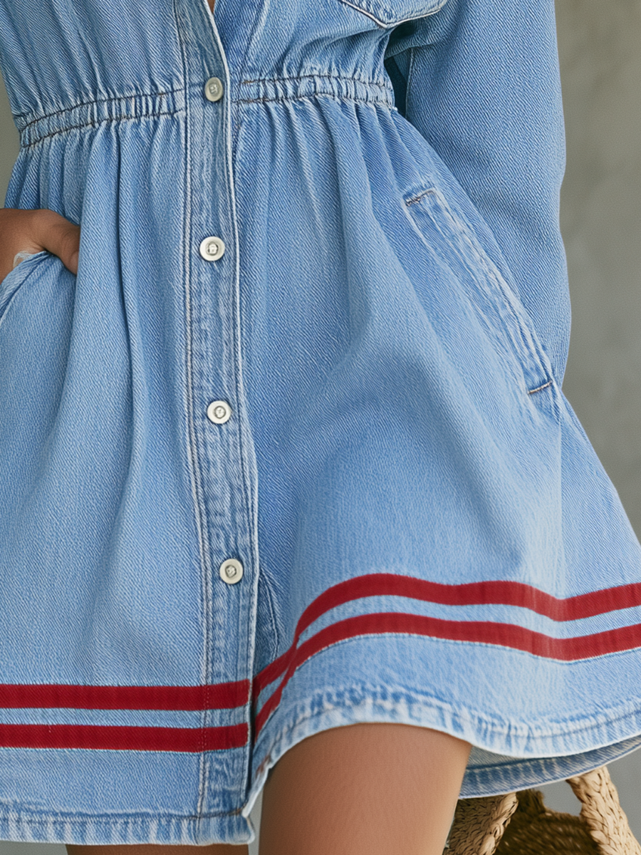Light Blue Denim Mini Dress Button Front Drawstring Waist Stripe Hem