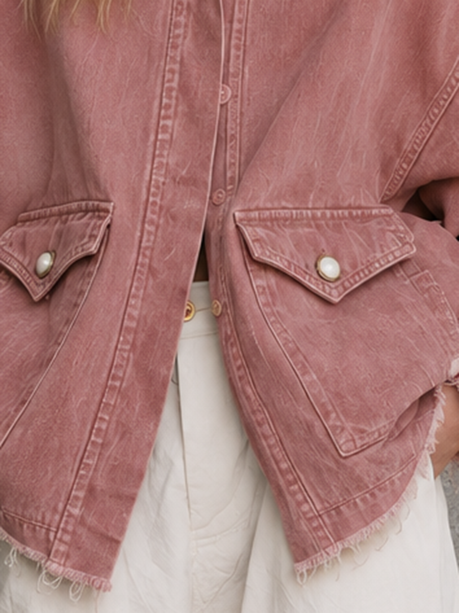 Rose Washed Denim Jacket Oversized Frayed Hem Pocket Coat