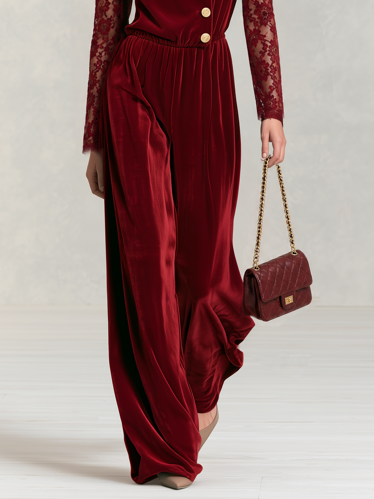 Vintage-style Velvet Jumpsuit With Exquisite Elegant Lace Sleeves