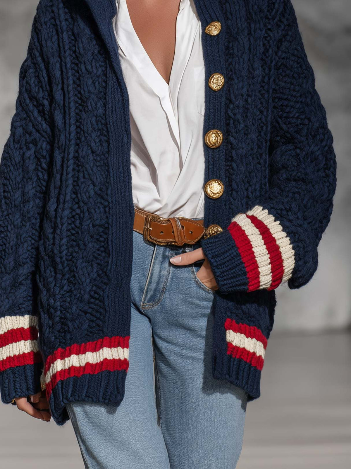 Preppy Chic Women's Navy Chunky Cable Knit Cardigan Gold Button Striped Trim