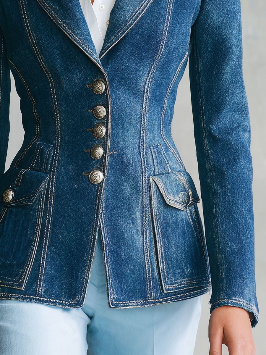 Women's Fitted Denim Blazer Suede Collar Concho Buttons Tailored Western Jacket