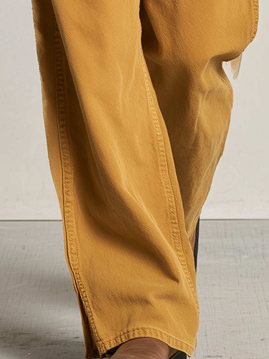 Women's Mustard Shirt Wide Leg Pants Set Corduroy Trim Utility Pockets