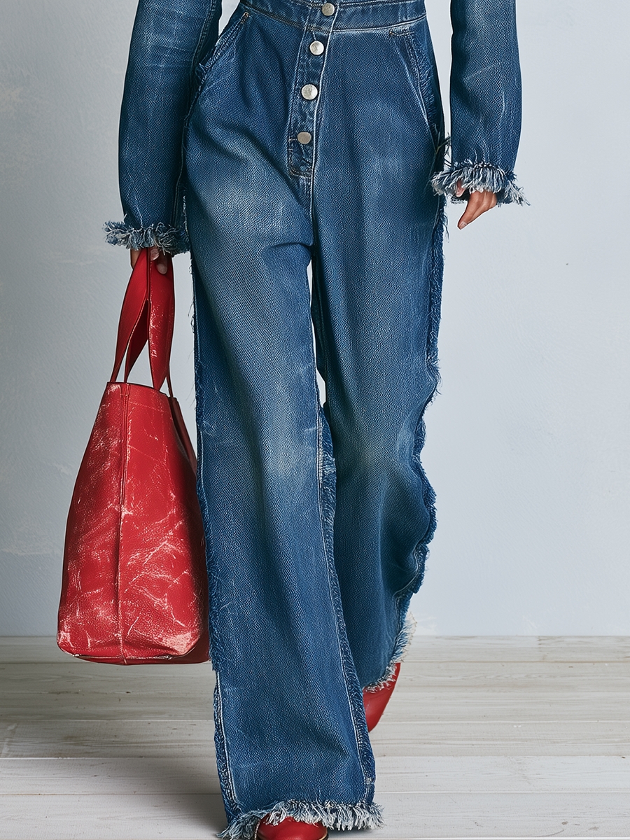Women's Denim Jumpsuit Wide Leg Contrast Collar Frayed Hem Button Front
