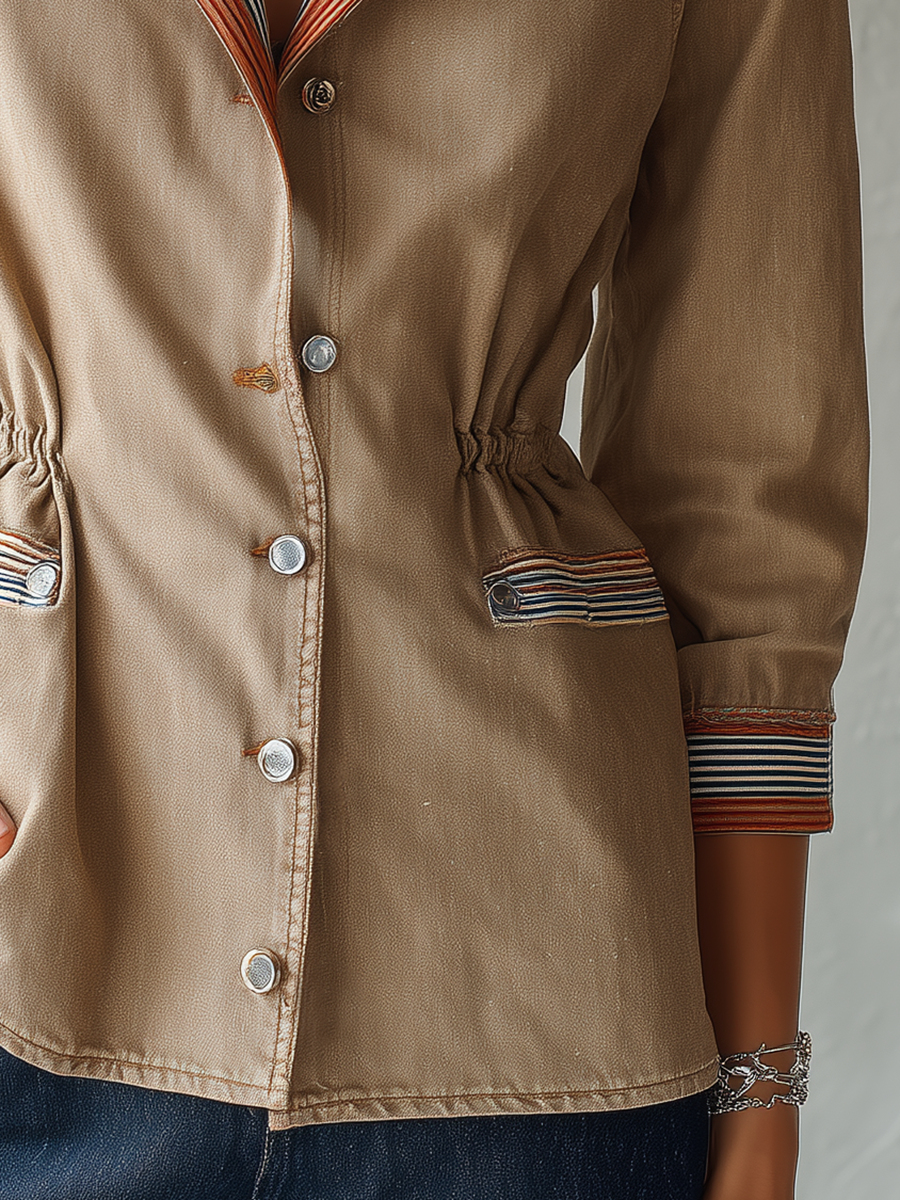 Women's Washed Cotton Peplum Jacket Striped Trim Cinched Waist Shell Buttons