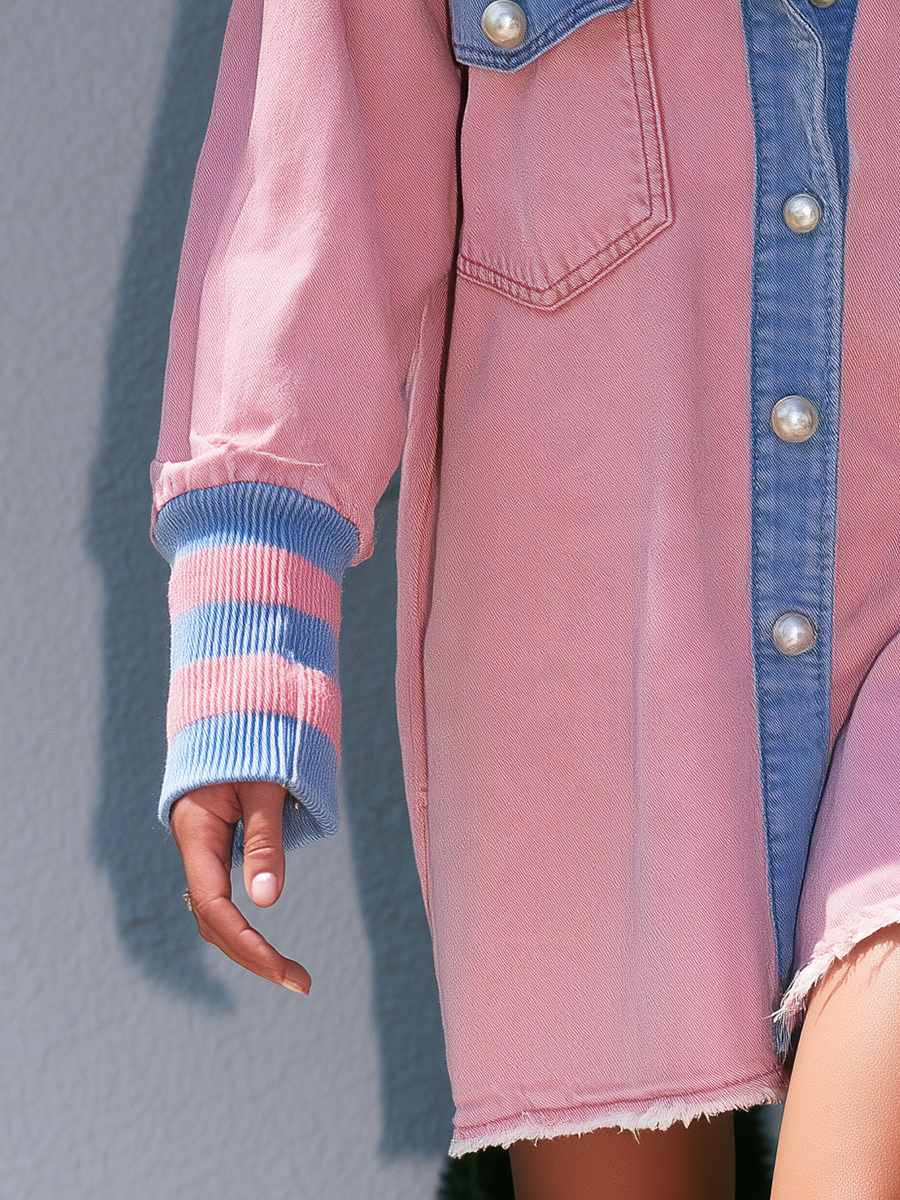 Women's Oversized Pink Denim Shirt Dress Contrast Collar Striped Ribbed Cuffs