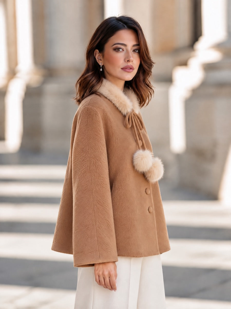 Elegant Fur-Trim Collar Button-Front Cape Short Coat