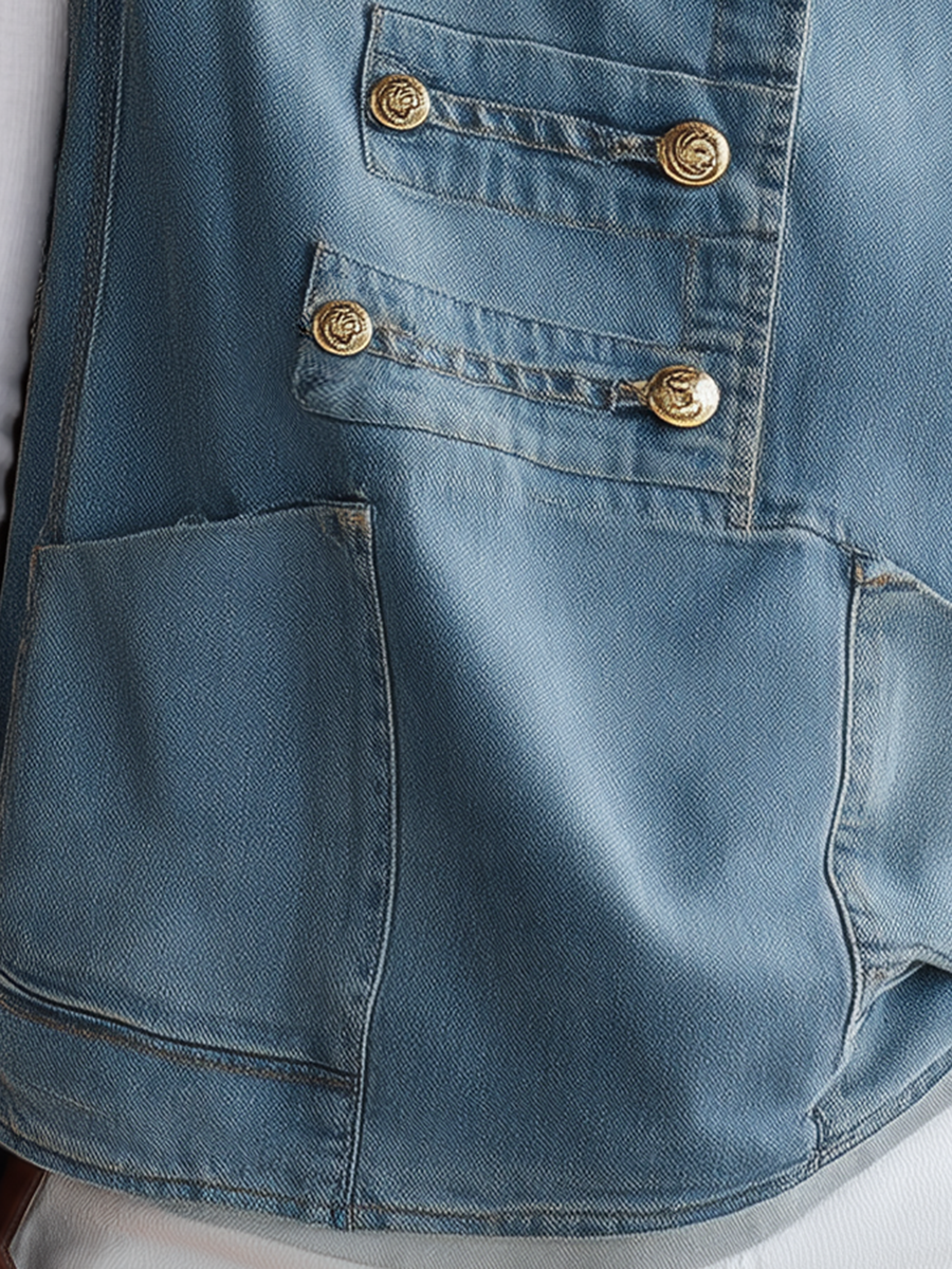Women's Denim Military Top Cap Sleeve Gold Buttons Raw Edge Boxy