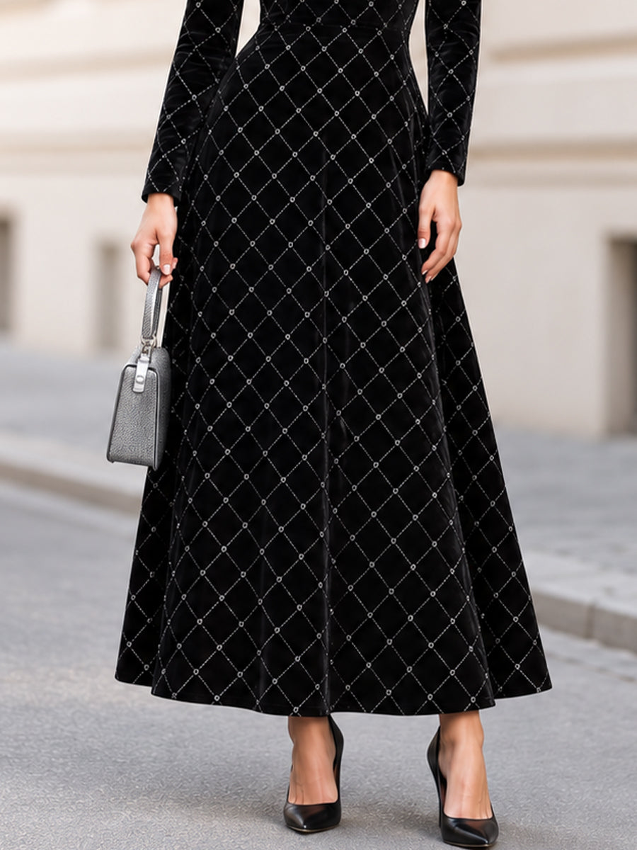 Black Velvet Boat Neck Long Sleeve Maxi Dress