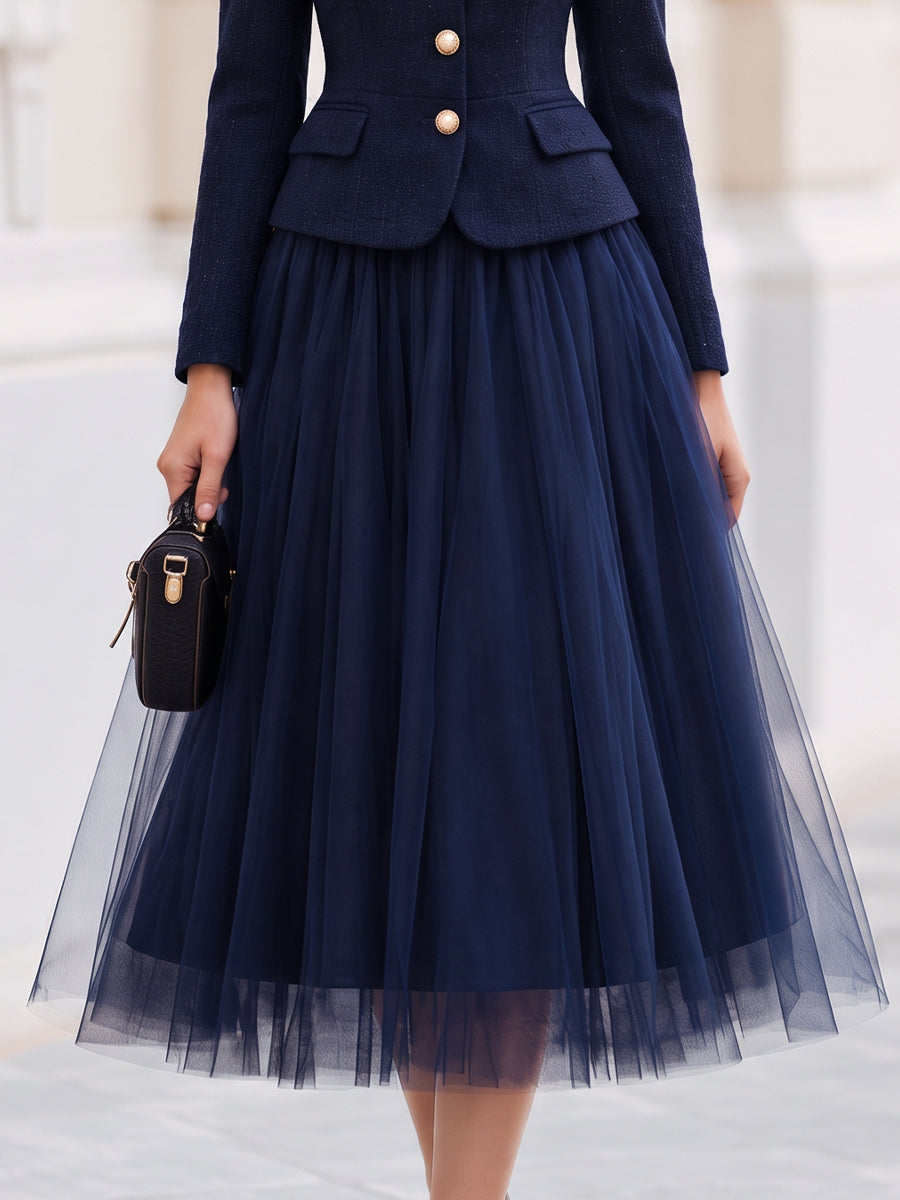 Tweed Stand‑Collar Peplum Jacket And Tulle Midi Skirt Two‑Piece Set