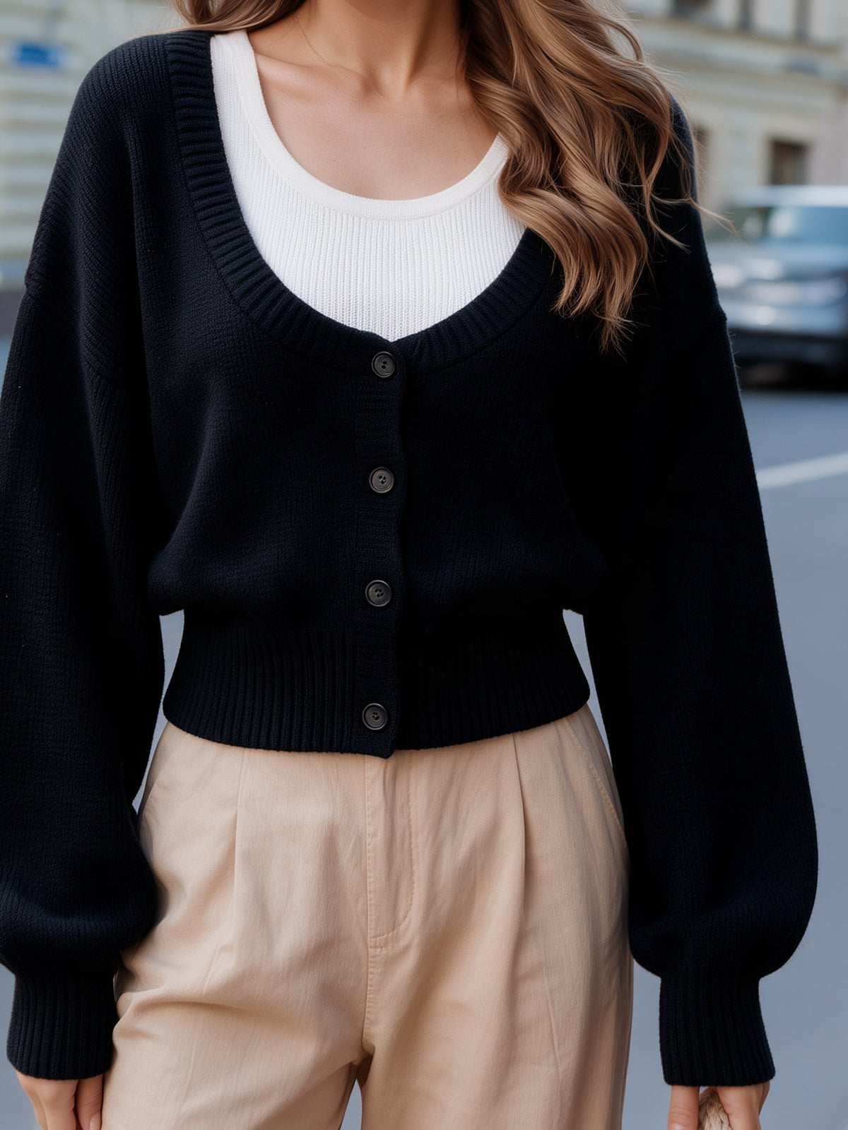 Women's Cropped V-Neck Knit Cardigan with Button Front