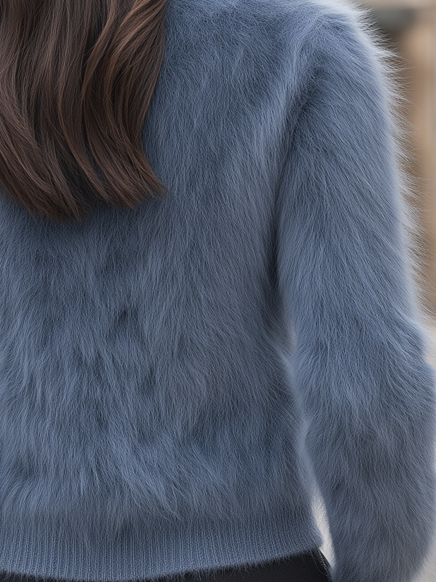 Dusty Blue Fuzzy Mohair Round Neck Knit Cardigan