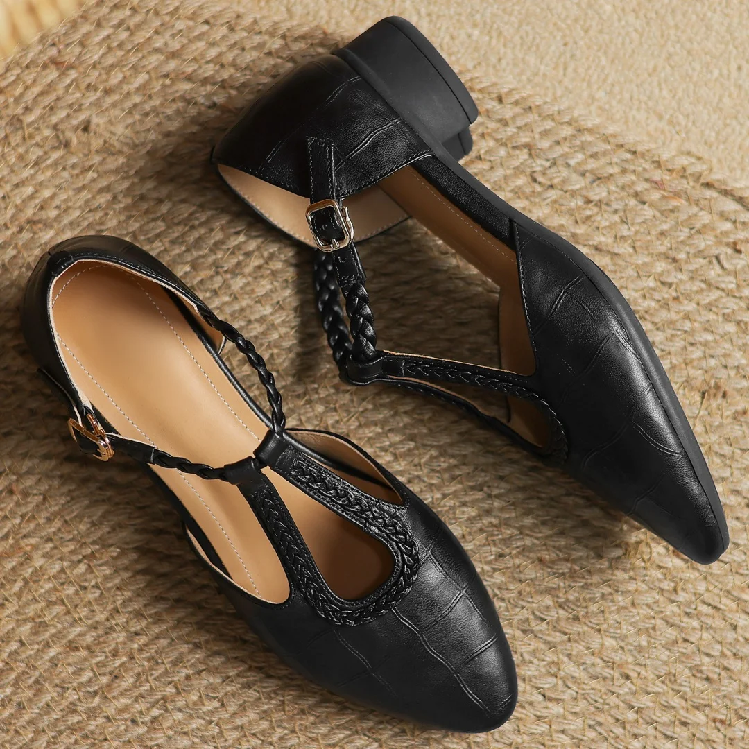 Women’s Mary Jane Flats with Pointed Toe and Braided T-Strap