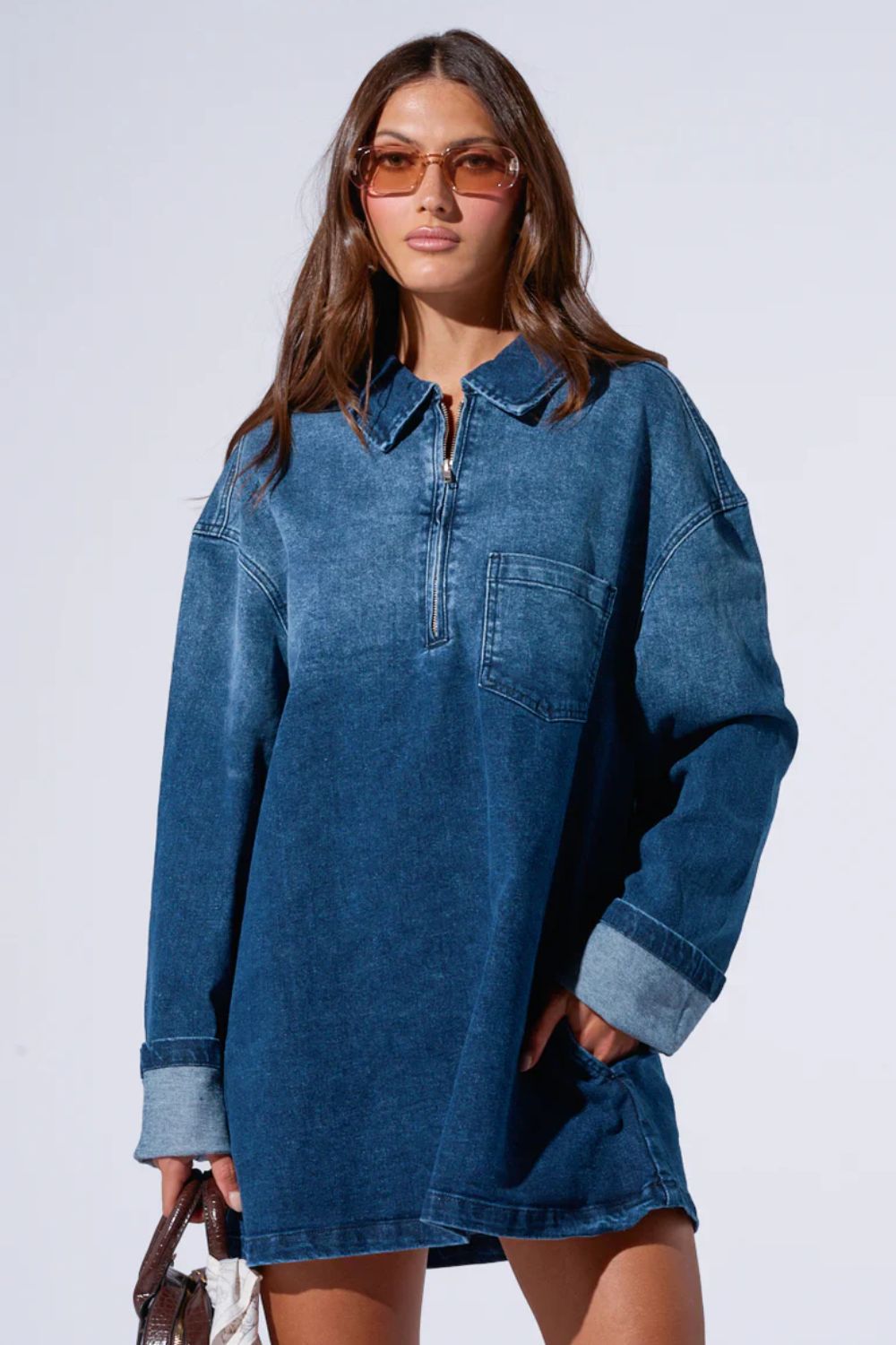 Ceylan Women’s Oversized Denim Shirt Dress with Pockets