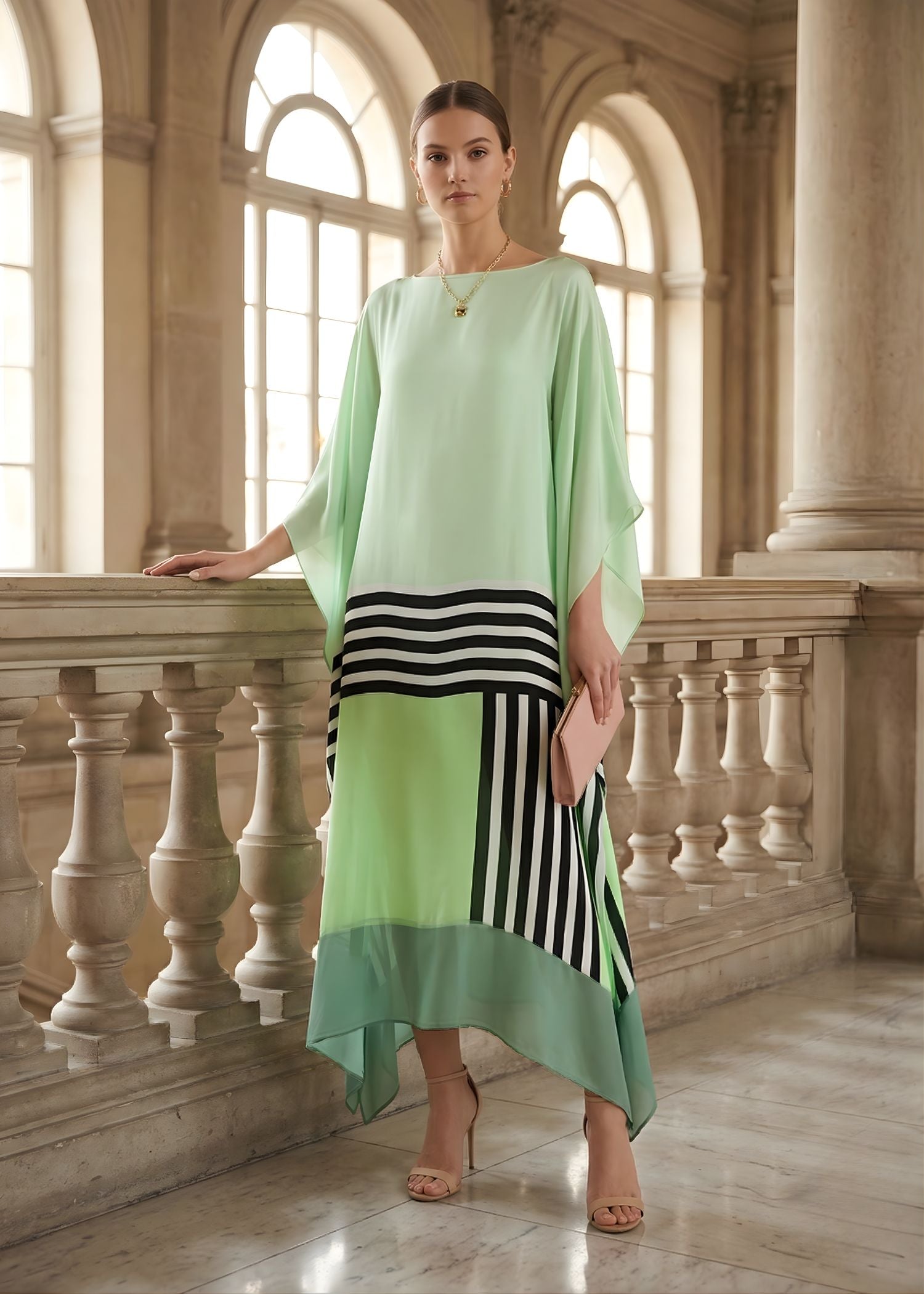 midi kaftan dress Women's Silk Kaftan Midi Dress with Asymmetric Hem and Contrast Stripe
