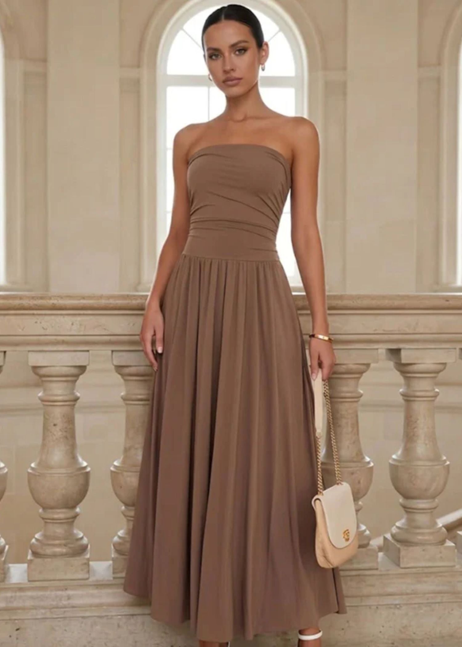 strapless flowy maxi dress Women's Strapless Maxi Dress with Pockets and Elegant Flowy A-Line Sil
