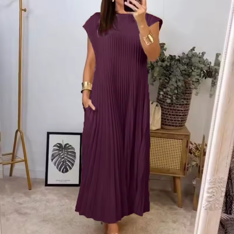 Women's Pleated Maxi Dress with Extended Cap Sleeves and Relaxed Empire Waist