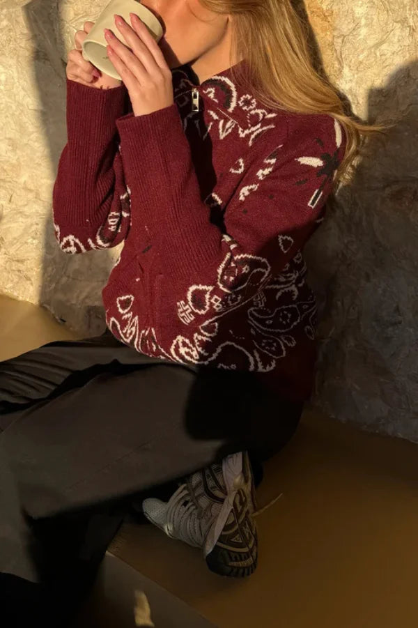 Women's Knit Zip-Up Sweater with Jacquard Paisley Print and High Turtleneck
