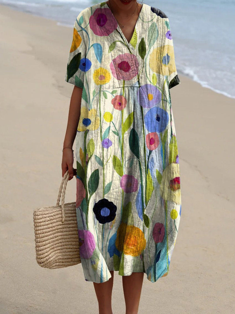 Women’s Midi Dress with V-Neckline and Vintage Floral Print