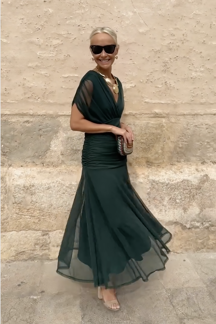 Women’s Maxi Dress with Surplice V-Neckline and Ruched Tulle Overlays