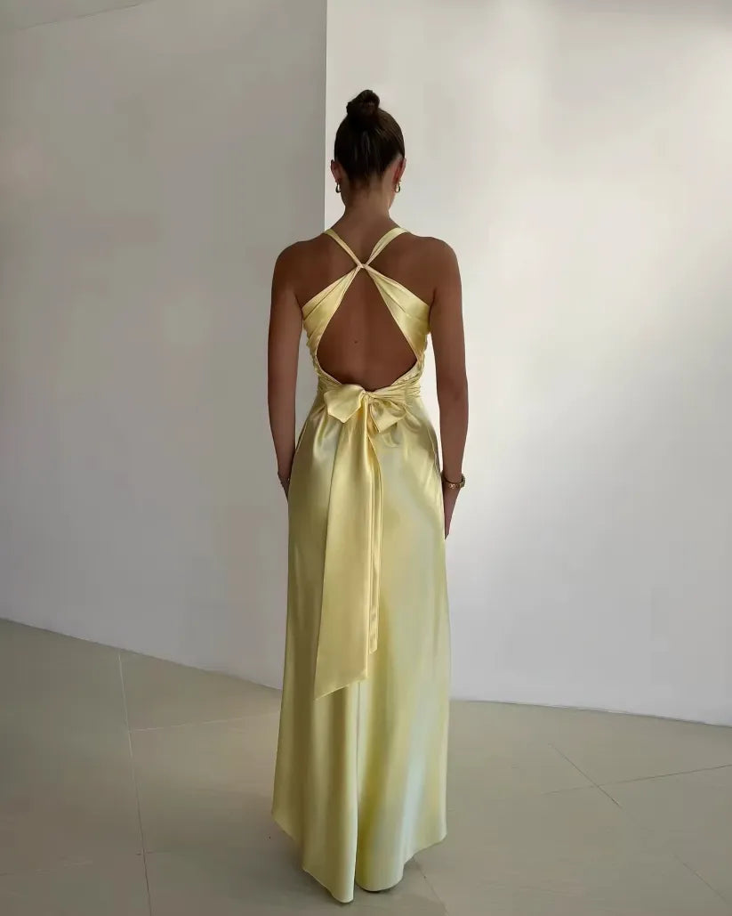 Women’s Maxi Dress Twist Front V Neck Satin Wedding Guest Gown