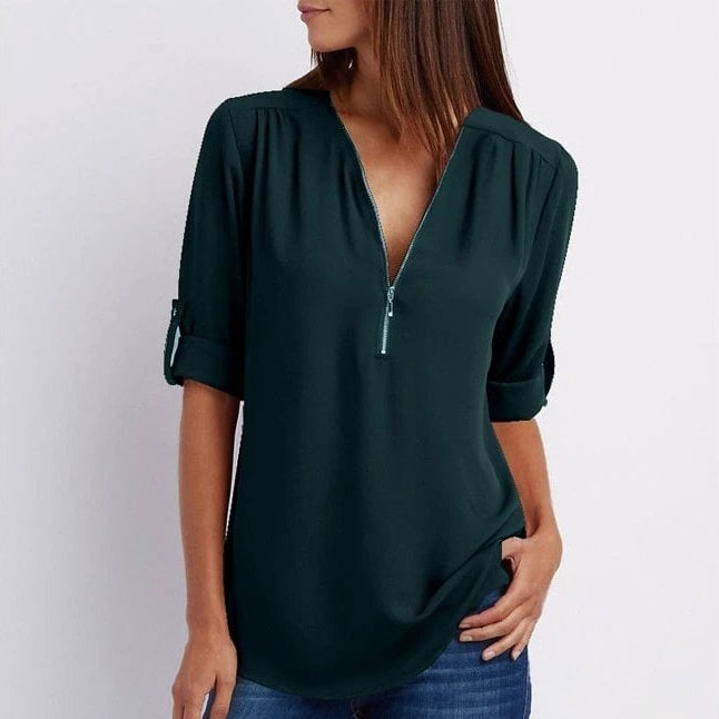 Women's Blouse Zip-Up V-Neck Roll-Tab Half Sleeve Casual Tunic Top