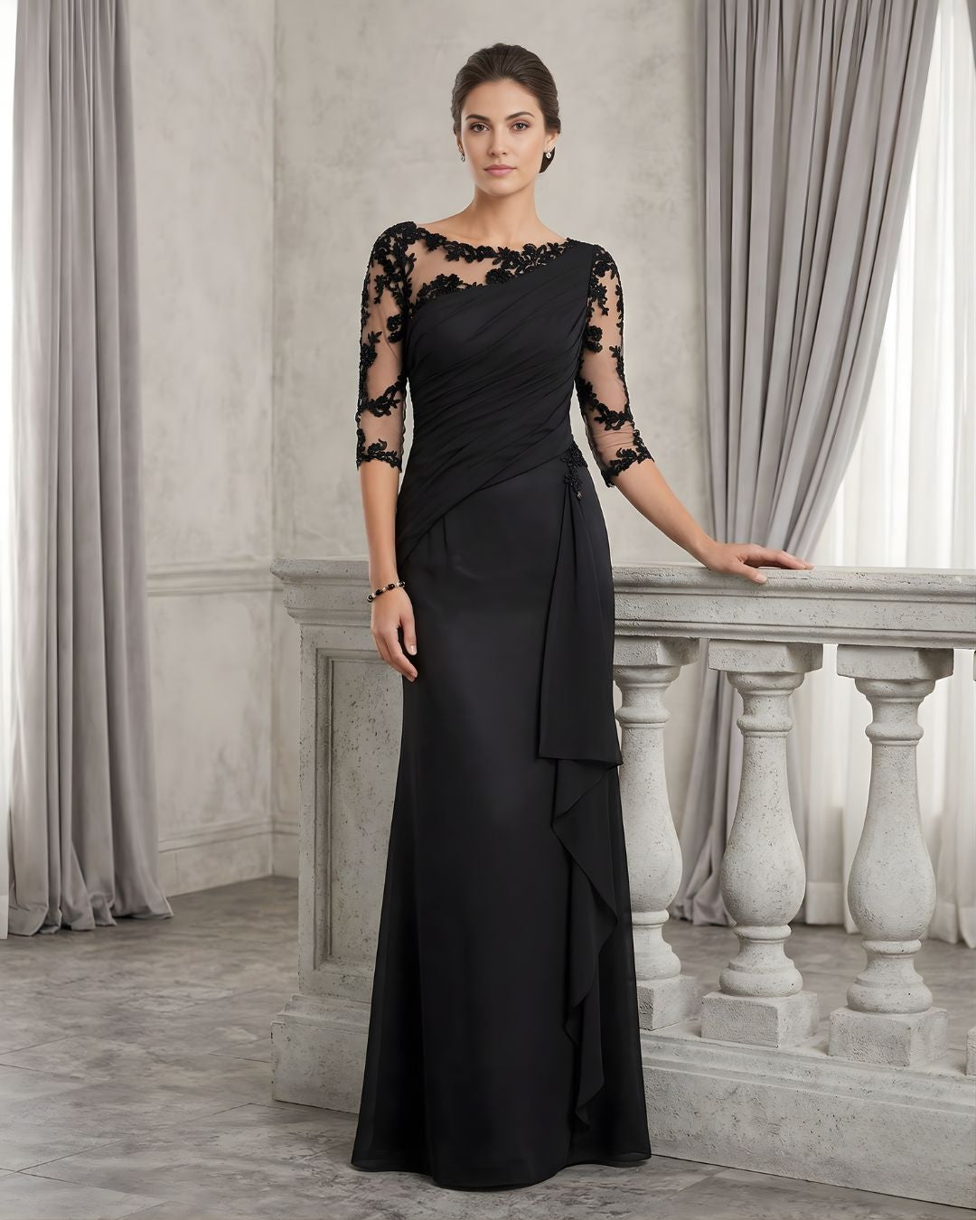 Women's Lace Illusion Evening Gown with Cascading Ruffle Detail