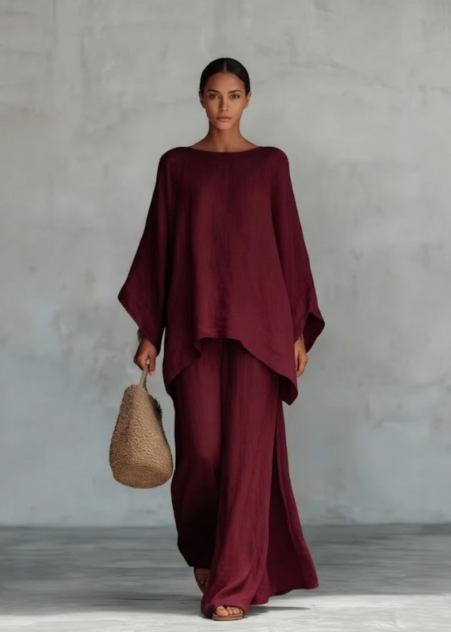 Women'sLinen Two-Piece Set with Cape Style Top and Wide Leg Pants