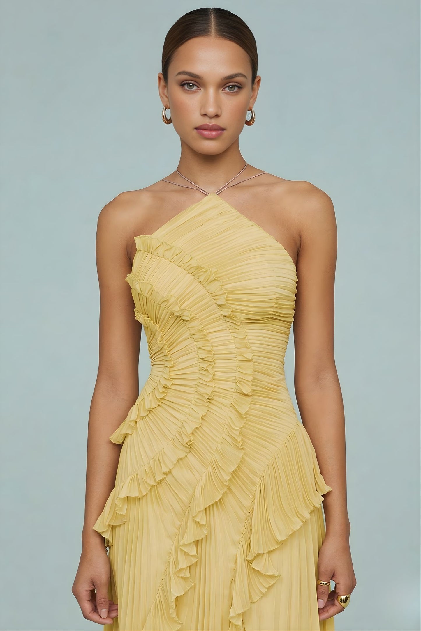 Women’s Pleated Halter Neck Ruffle Maxi Dress with Asymmetrical Hem