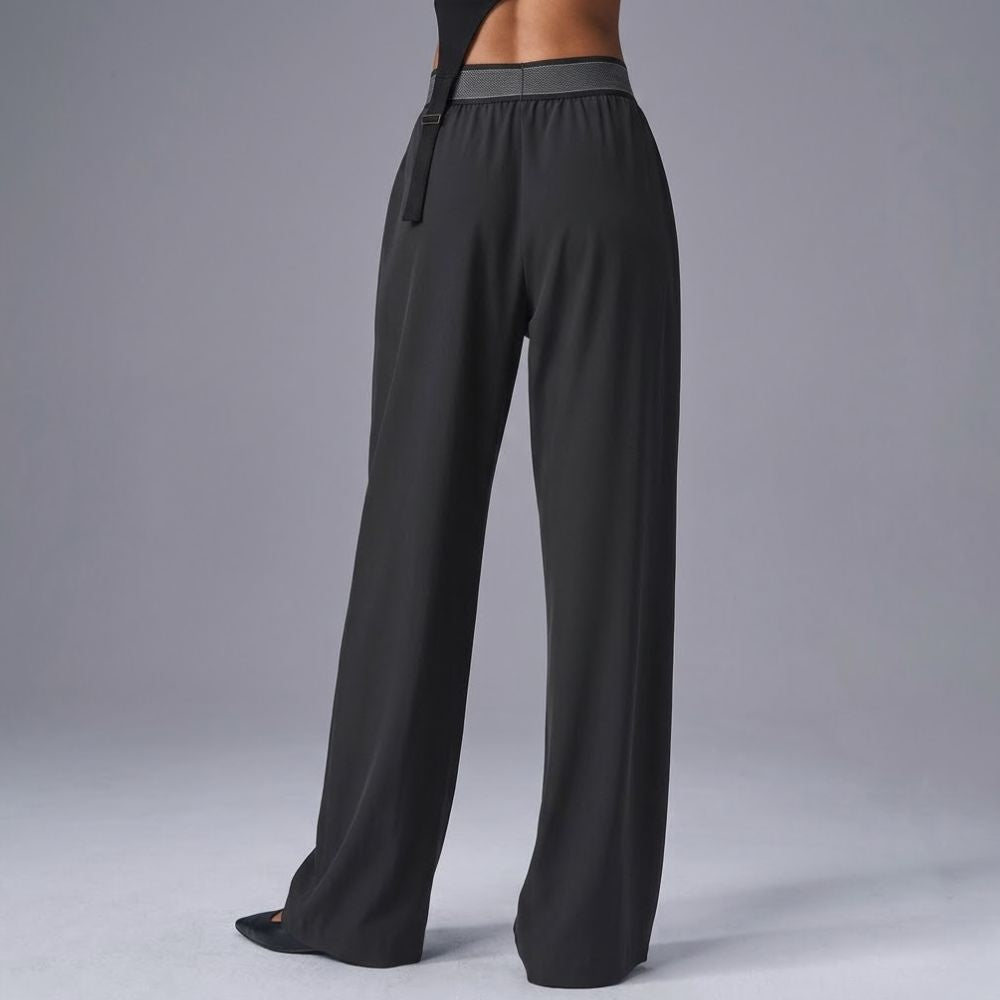 Women’s Wide Leg Trousers with Logo Elastic Waistband and Front Pleats