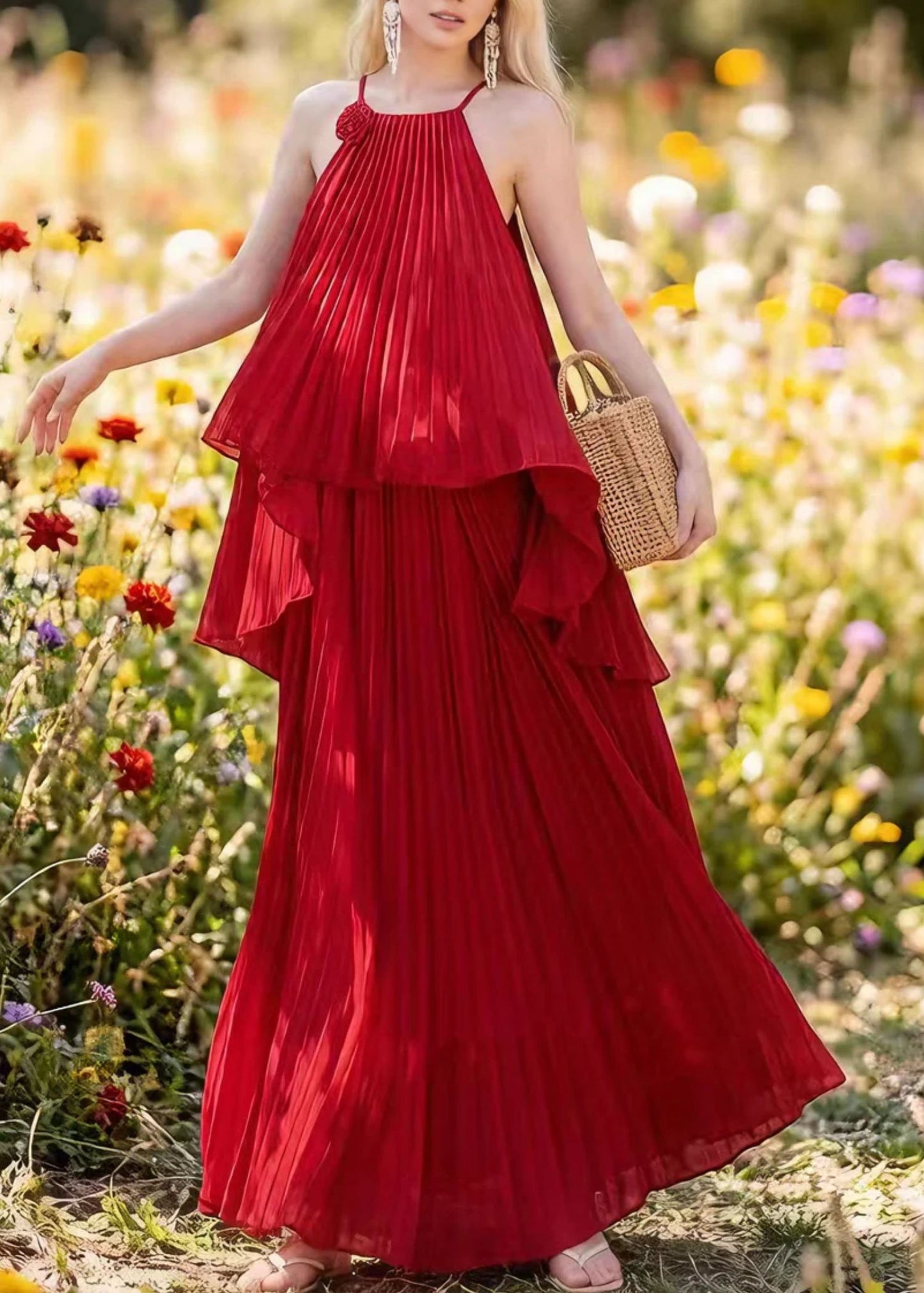 Women’s Two Piece Set with Pleated Chiffon Maxi Skirt and Ruffled Halter Top