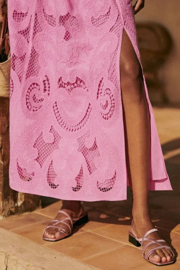 Women's Two-Piece Maxi Skirt Set with Embroidered Eyelet Crop Top