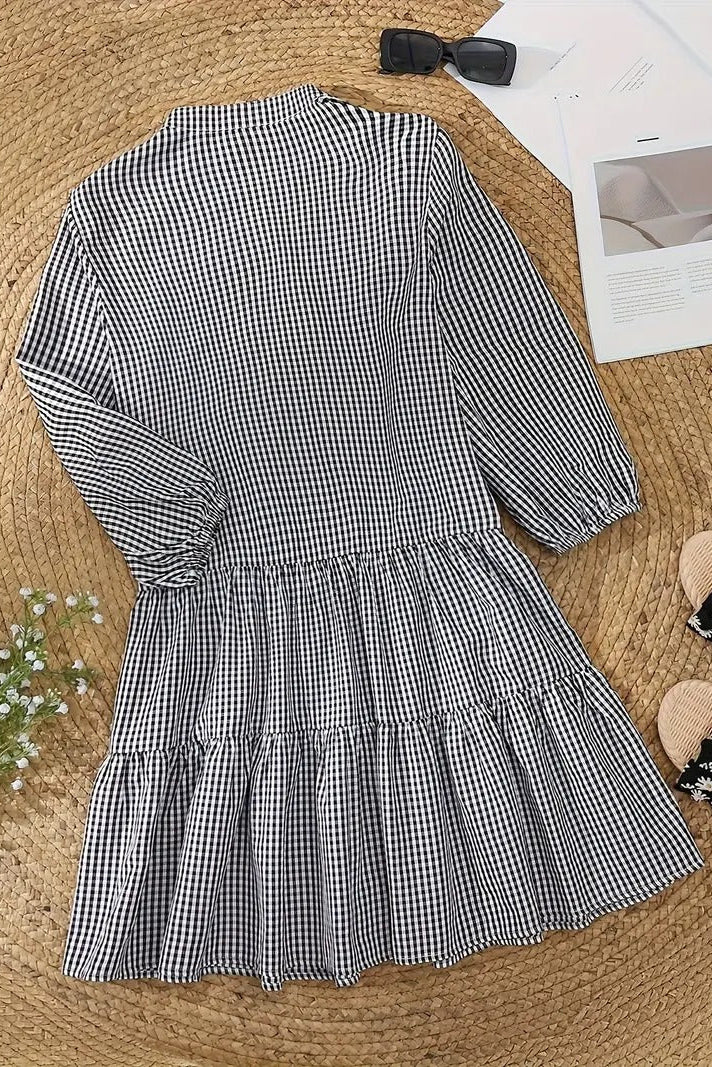 Women's Mini Dress Gingham Print Button Down 3/4 Sleeve Tiered Smock