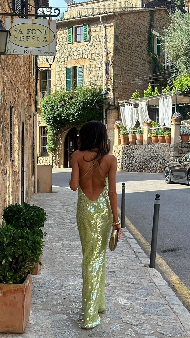Women’s Maxi Dress with Deep Scoop Neckline and Allover Sequin Embellishment