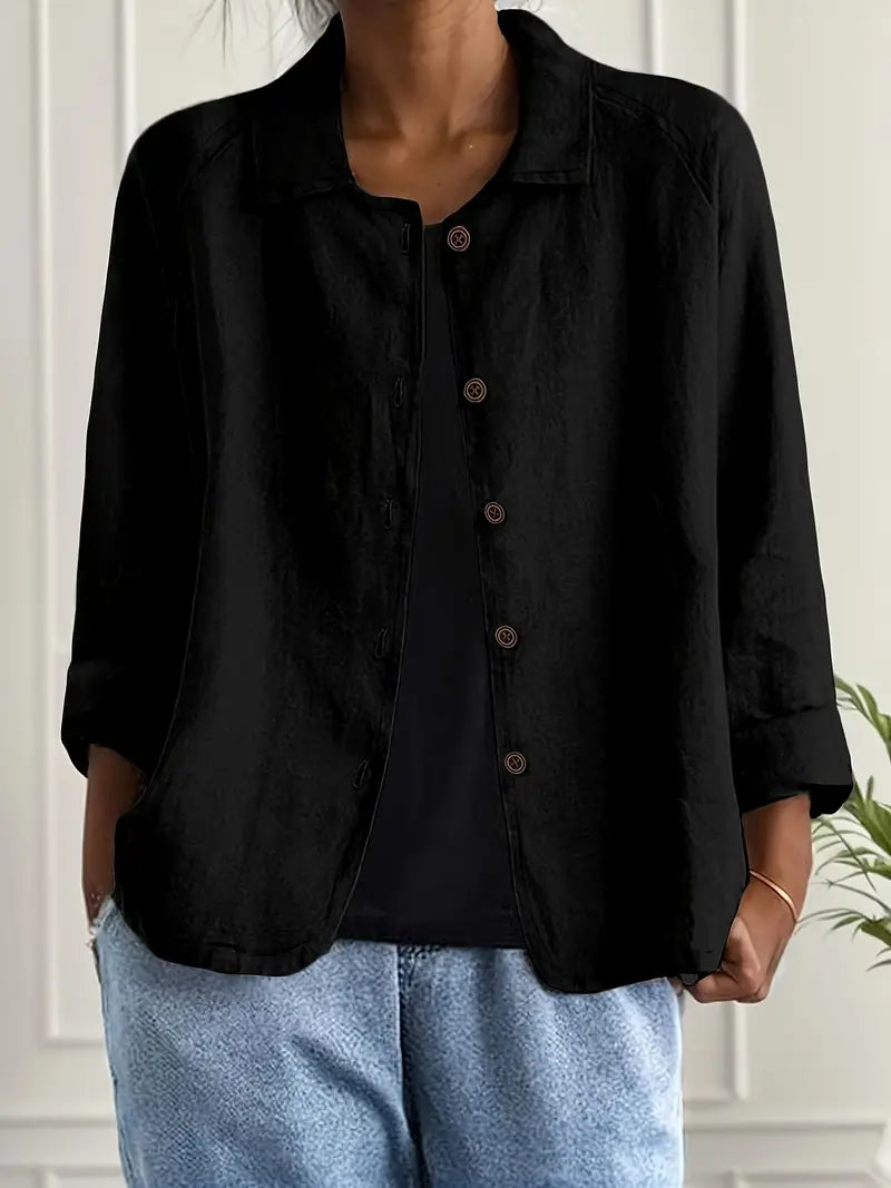 Women’s Linen button-front tunic tops with Three-Quarter Sleeves and Relaxed Fit