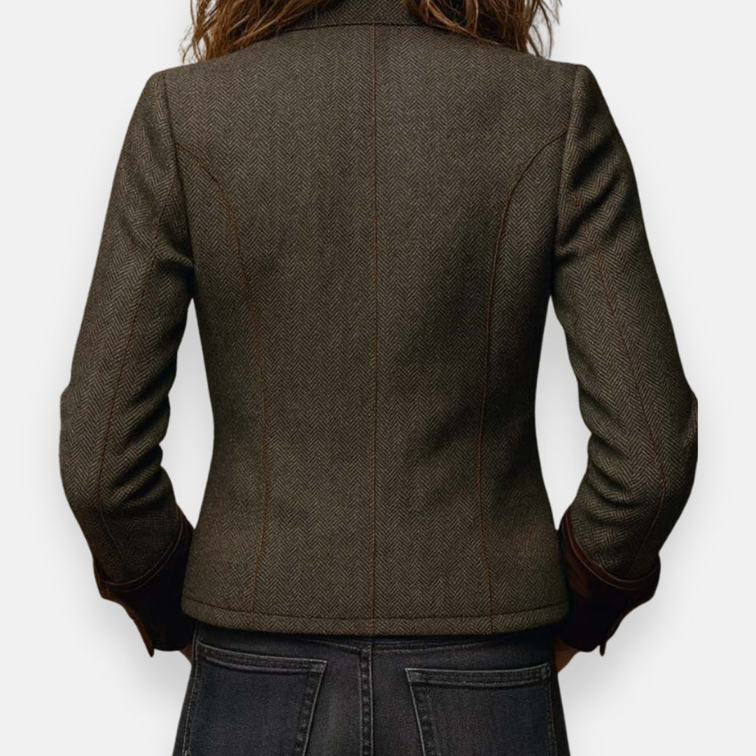 Women's Herringbone Tweed Jacket With Leather Cuff Trim